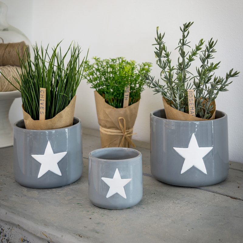 Grey Ceramic Pots With Star - set of 3